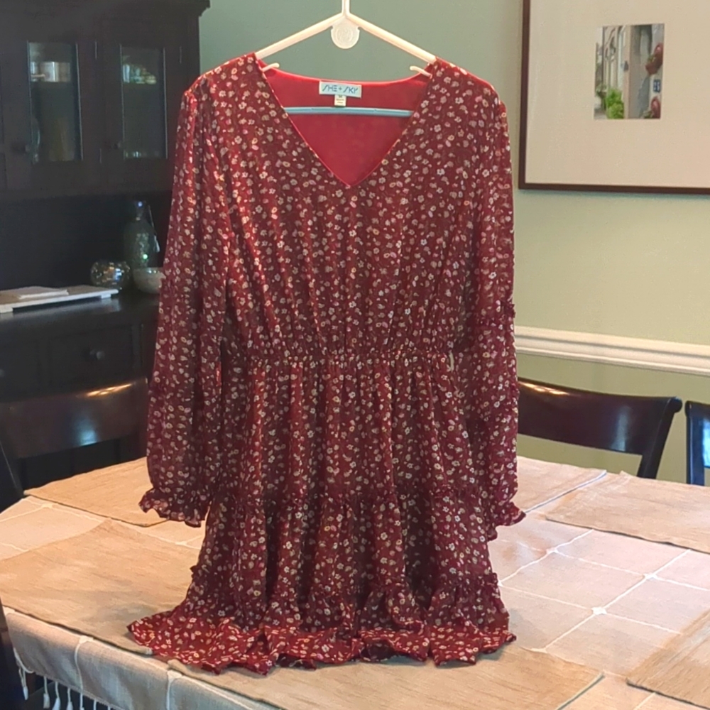 SHE + SKY Red Floral Mini Dress with Sheer Long Sleeves NWOT, Medium - Picture 3 of 4